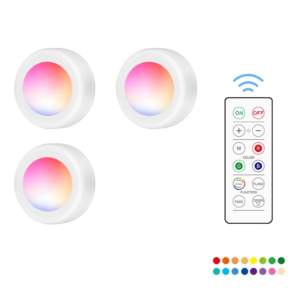 3Pcs RGB 16 Color LED Press Night Atmosphere Pat Light Timing Wireless Remote Control Touch AAA Battery Powered Cabinet Light MRSLM