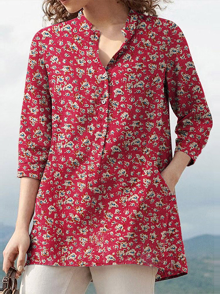 Women 100% Cotton Floral Leisure Bohemian Retro Style V-Neck Side Pockets Blouse dylinoshop