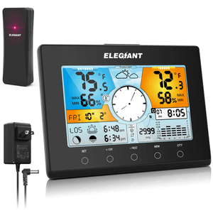 ELEGIANT EOX-9938 US °F Digital Indoor Outdoor Thermometer Hygrometer Monitor Sensor Automatic Time LCD Color Screen Weather Forecast Snooze 4 Level Backlight Alarm Clock MRSLM