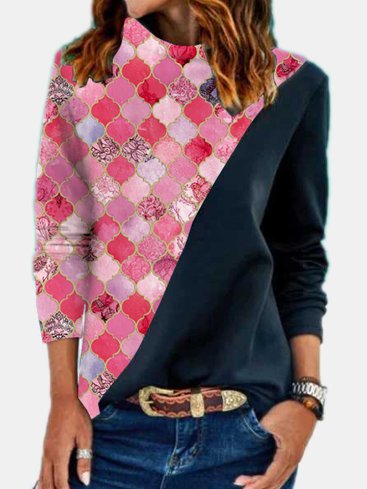 Women Geometry Graphic Patchwork Ethnic Style Heaps Collar Sweatshirts dylinoshop