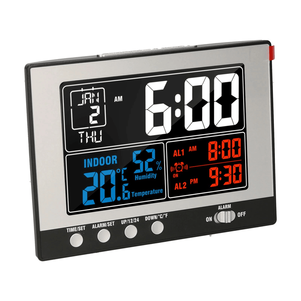 Digital Multifunctional Weather Station Alarm Clock Indoor Thermometer Hygrometer Monitor Large Color Display Clock with Perpetual Calendar Snooze Function MRSLM