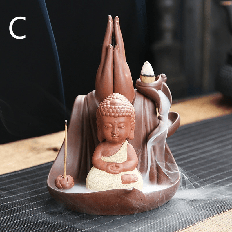 Little Monk Lotus Backflow Ceramic Cone Buddhist Incense Burner Holder Decorations MRSLM