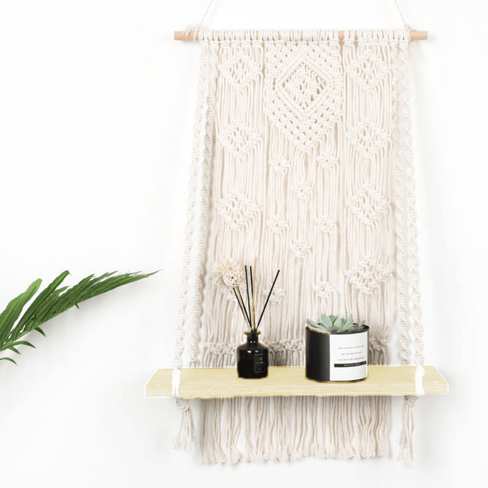 Macrame Plant Hanger Basket Hand Woven Tapestry Wood Pot Shelf Room Decoration MRSLM
