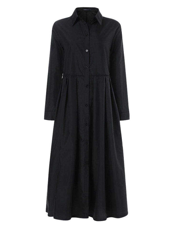 Women Loose Lapel Pleated Solid Color Button Shirt Dress with Pockets dylinoshop