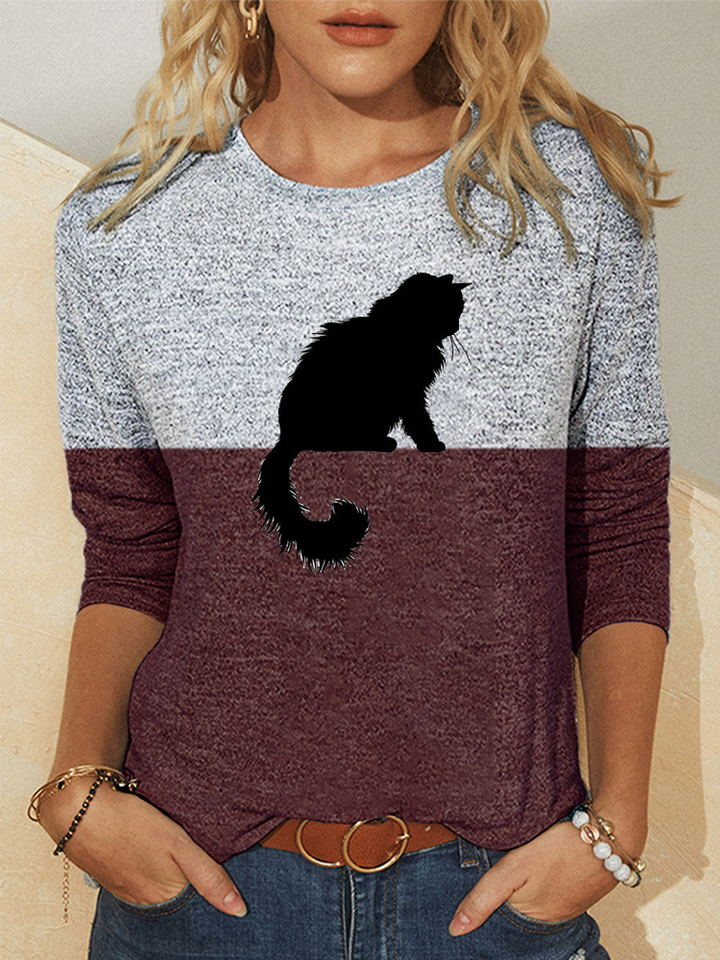 Women Cute Cat Print Colorblock Long Sleeve Casual Blouses dylinoshop