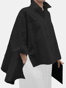 Long Sleeve Solid Color Lapel Pocket Irregular Hem Shirts for Women dylinoshop