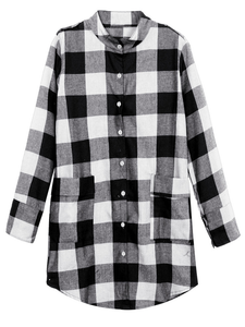 Women Casual Long Sleeve Plaid Loose Pocket Button Long Blouses dylinoshop