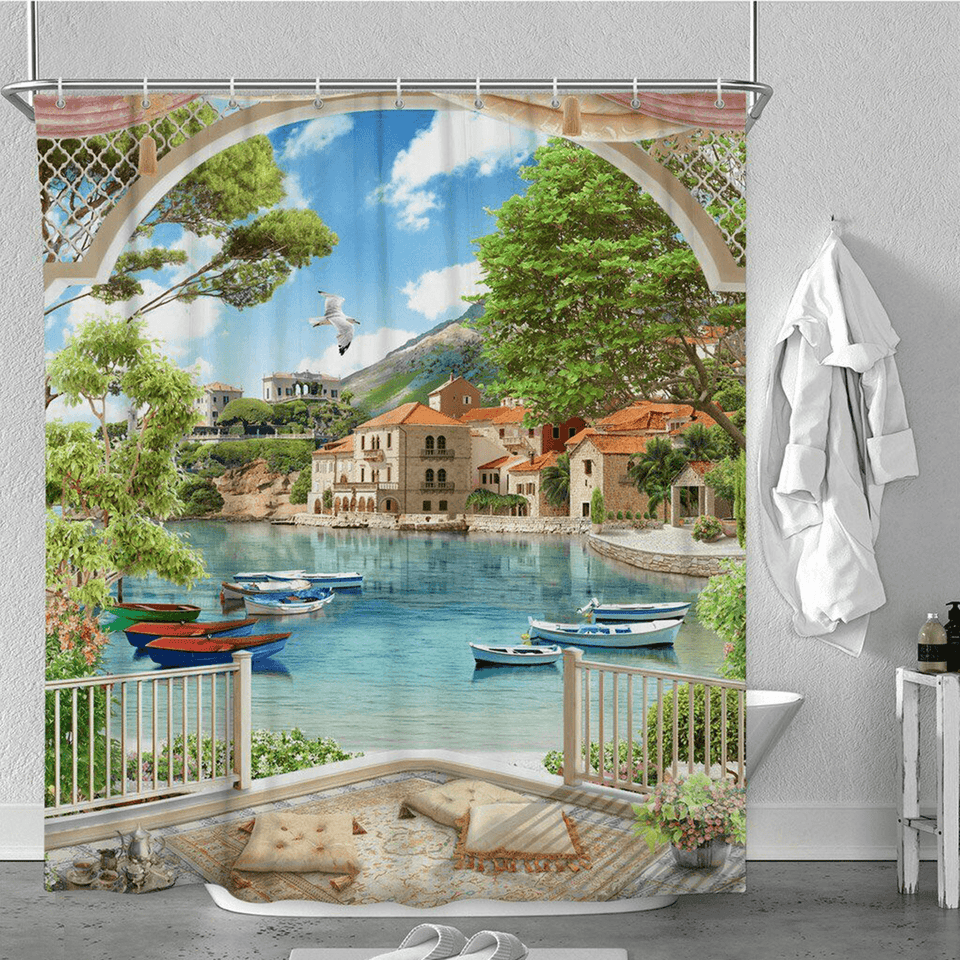 1/3Pcs Bathroom Shower Curtain Mediterranean Sea Printing Set Toilet Cover Mat dylinoshop