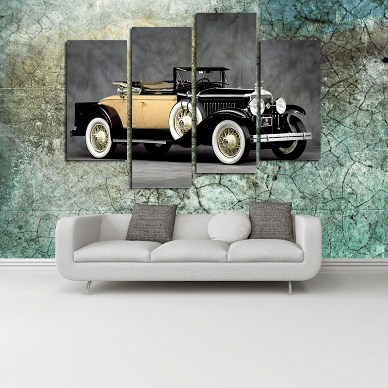 Miico Hand Painted Four Combination Decorative Paintings Retro Yellow Car Wall Art for Home Decoration MRSLM