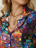 Women Colorful Geometric Printed Button Lapel Long Sleeve Shirt dylinoshop