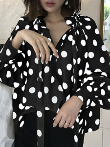 Polka Dots Printing Lantern Sleeve Neckline Bow Tie Casual Blouse for Women dylinoshop