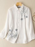 Women Puff Sleeve Flowers Printed Embroidery Button Stand Collar Shirt dylinoshop
