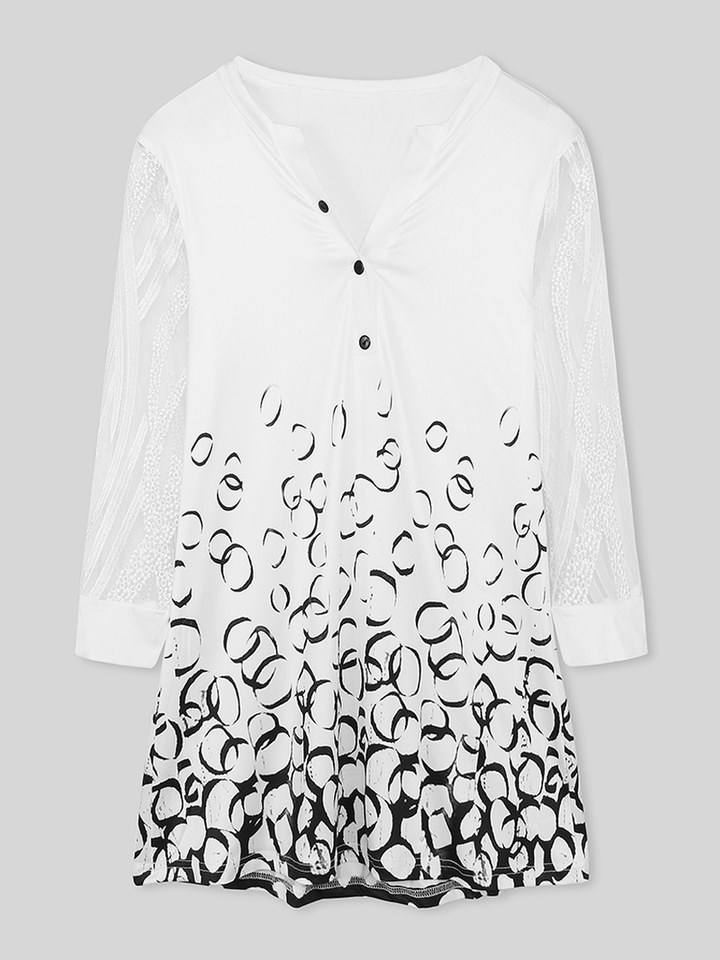 Women Half Button Print Sheer 3/4 Sleeve Elegant Longline Blouses dylinoshop