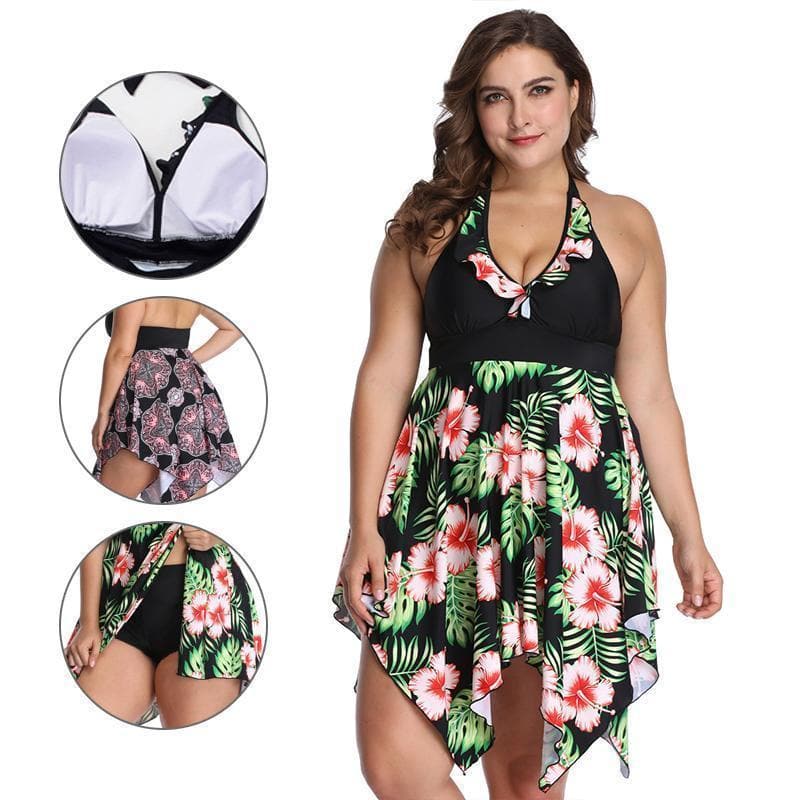 Womens Plus Size Tankini Set with Sexy V Neck Swimwear Dress Zimomo