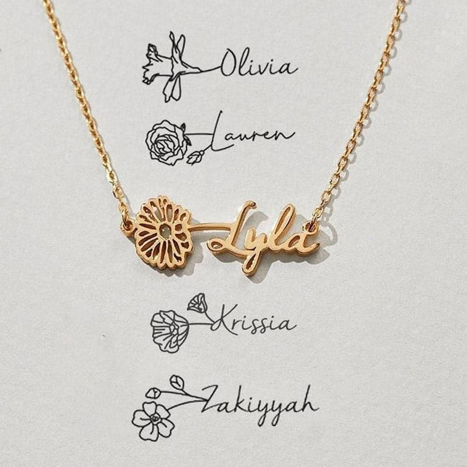 Custom Name Necklace/Ring with Birth Flower dylinoshop