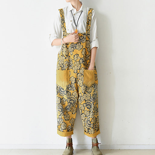 2021 autumn yellow print jumpsuits cotton pants oversize casual fall outfits dylinoshop