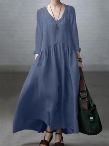 Simple and Loose V-neck Cotton and Linen Dress SooLinen