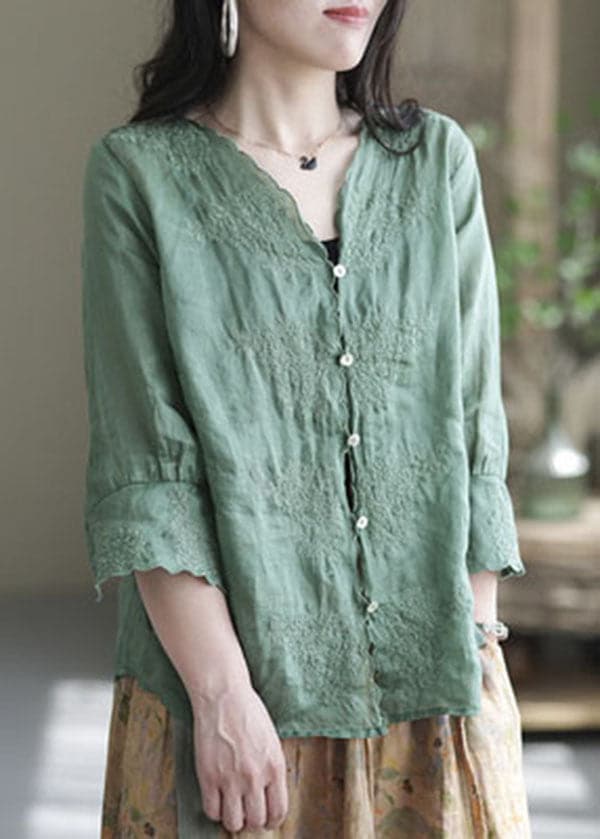 Aqua Green Patchwork Linen Shirt Embroideried Half Sleeve GK-HTP220512