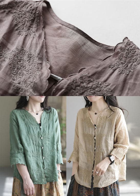 Aqua Green Patchwork Linen Shirt Embroideried Half Sleeve GK-HTP220512