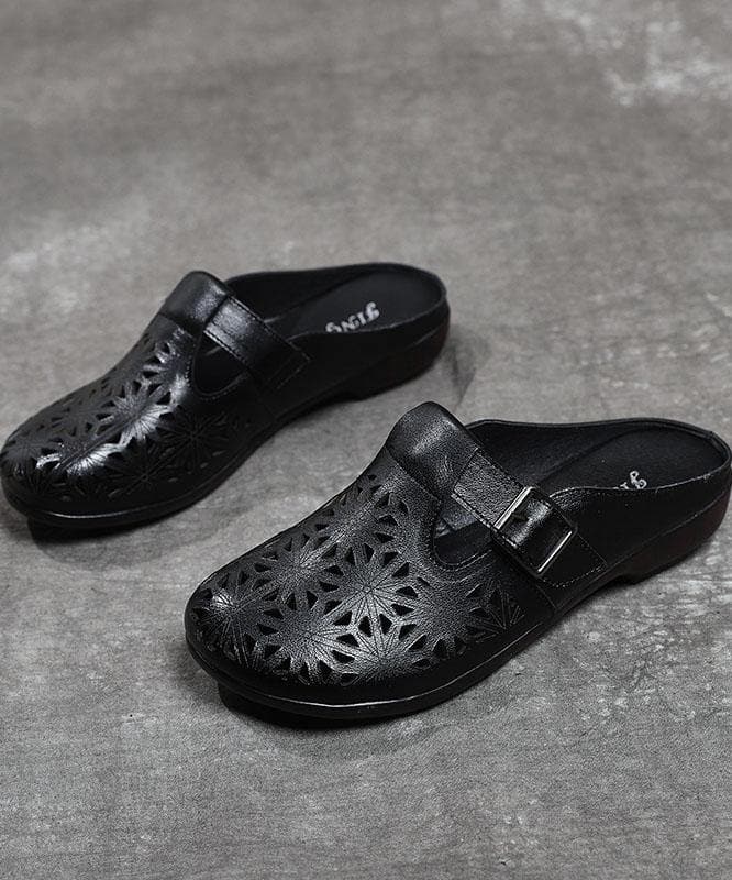 Art Hollow Out Beige Genuine Leather Slide Sandals LT210723