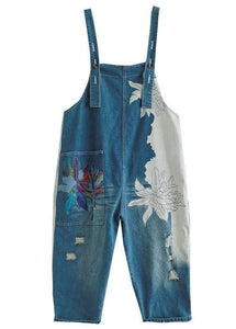 Art Navy Print Retro Hole Pockets Overall Jumpsuit Summer dylinoshop