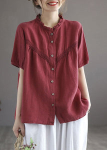 Art Red O-Neck Embroideried Floral Button Linen Shirt Lantern Sleeve gk-STP220722