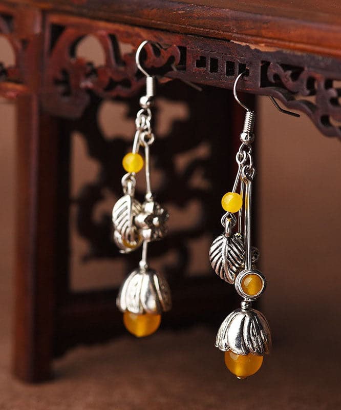 Art Yellow Agate Flower Tassel Silver Drop Earrings Jew-EAR220805