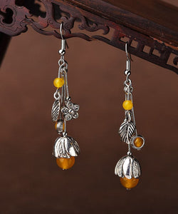 Art Yellow Agate Flower Tassel Silver Drop Earrings Jew-EAR220805
