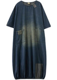 Baggy Blue O-Neck Pockets Patchwork Denim Dresses Half Sleeve YLHC-SDL220411