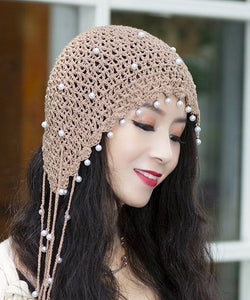 Beautiful Beige Pearl Tassel Hollow Out Knit Bonnie Hat dylinoshop