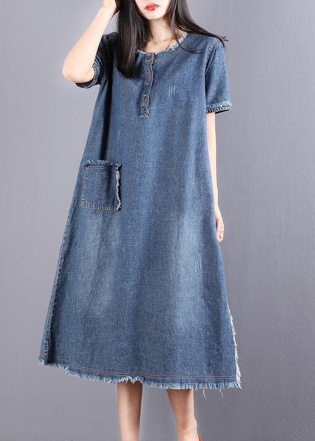 Beautiful Blue Pockets Button Fall Denim Short Sleeve Party Dress BSNZ-FDM211014