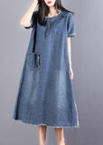 Beautiful Blue Pockets Button Fall Denim Short Sleeve Party Dress BSNZ-FDM211014