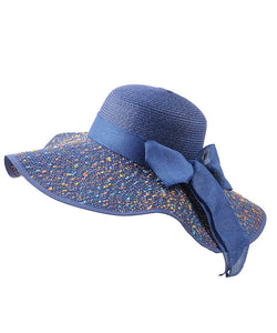 Beautiful Blue Print Bow Straw Woven Beach Floppy Sun Hat dylinoshop