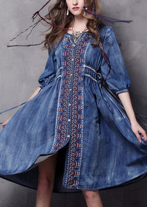 Beautiful Blue V Neck Embroideried Cotton Vacation Denim Dresses Half Sleeve NZ-SDL220606