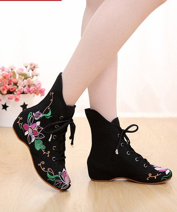 Beautiful Cross Strap Embroideried Ankle boots Black Cotton Fabric SHOE-PG220328