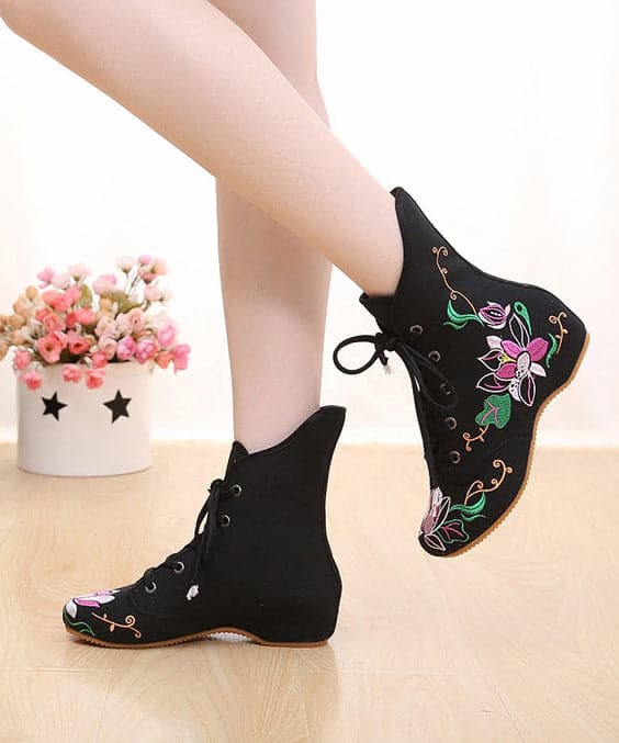 Beautiful Cross Strap Embroideried Ankle boots Black Cotton Fabric SHOE-PG220328