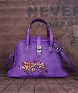 Beautiful Purple Embossing Paitings Calf Leather Satchel Handbag BGS220210