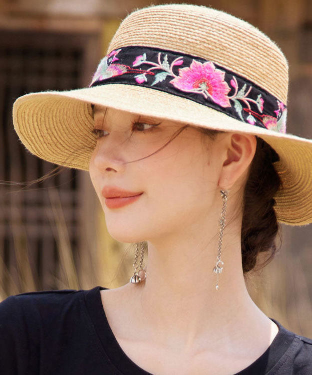 Beautiful Rose Embroideried Straw Woven Beach Floppy Sun Hat dylinoshop