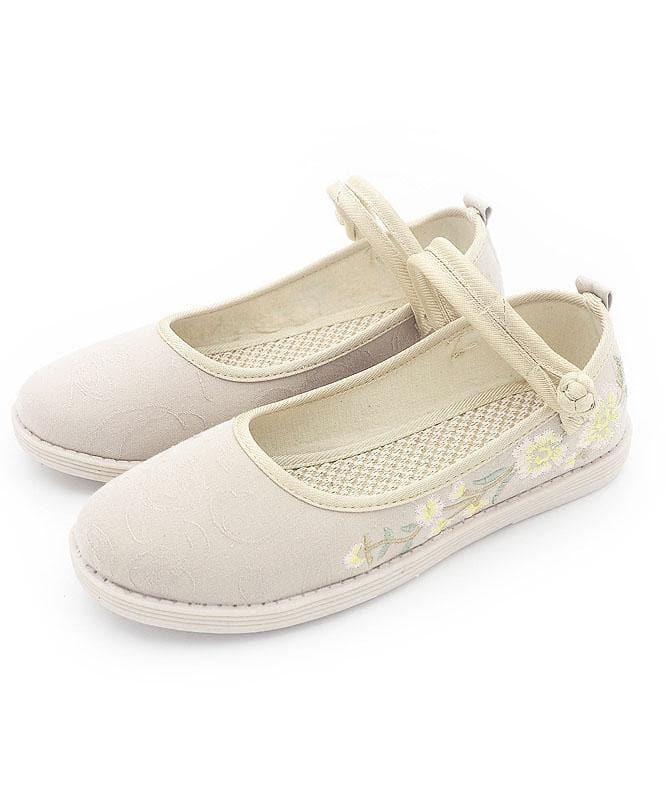 Beige Embroideried Cotton Fabric Flat Shoes Buckle Strap Flat Shoes XZ-PDX210728