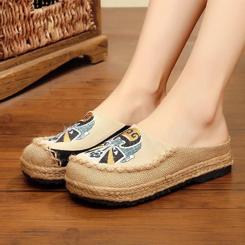 Beige Embroideried Linen Fabric Slippers Shoes Splicing LT210630