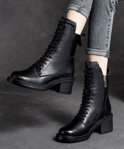 Black Biker Boots Chunky Zippered Cowhide Leather Casual Lace Up Boots PDD-XZ220831