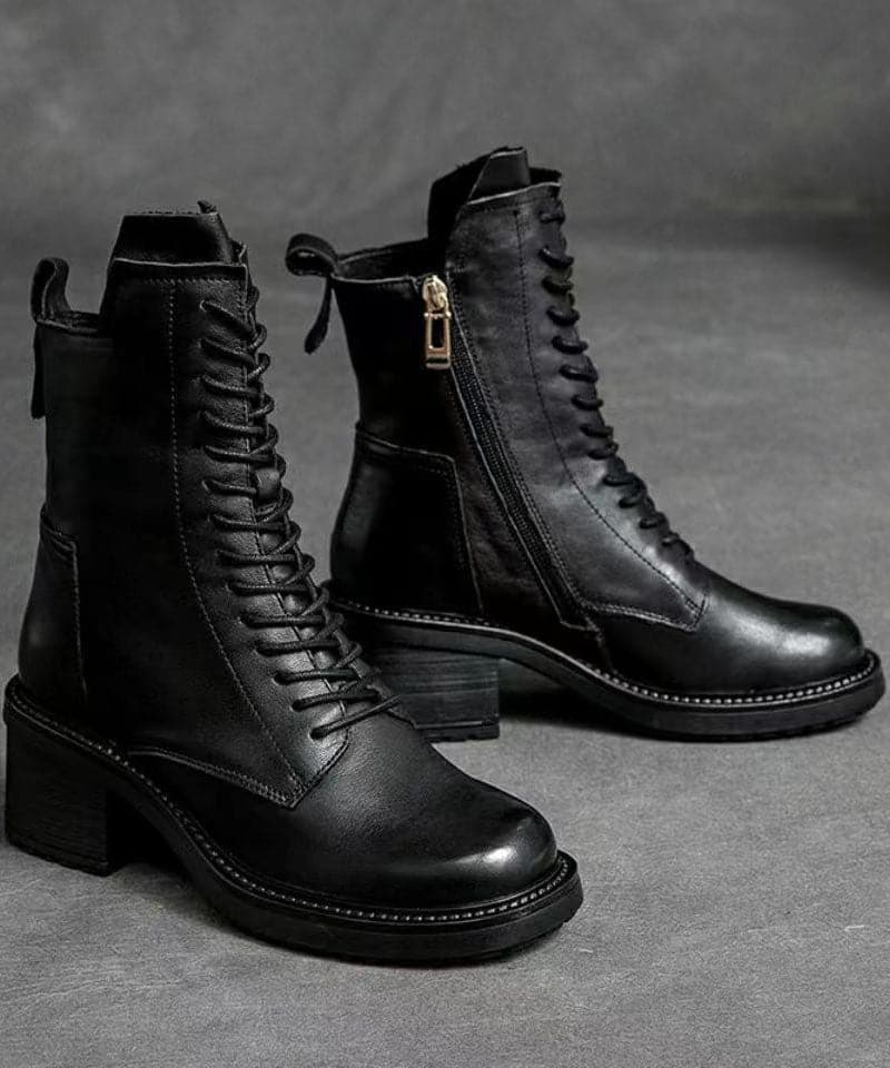 Black Biker Boots Chunky Zippered Cowhide Leather Casual Lace Up Boots PDD-XZ220831