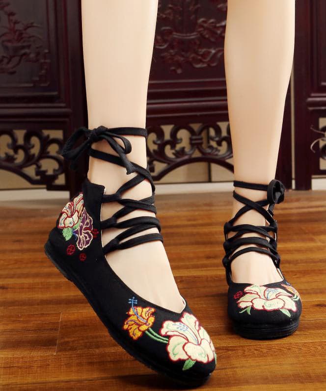 Black Cotton Fabric Embroideried Flats Handmade Cross Strap Flat Feet Shoes SHOE-PDX220328