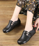 Black Cowhide Leather Flat Shoes Buckle Strap Flats PDX210712
