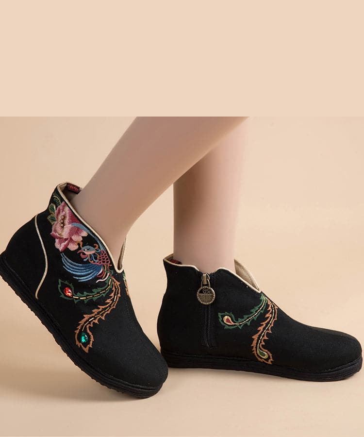 Black Embroideried Boots Cotton Fabric 2022 Zippered Ankle Boots BX-XZ-XX20220401