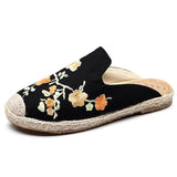 Black Embroideried Cotton Fabric Slippers Shoes LT210706