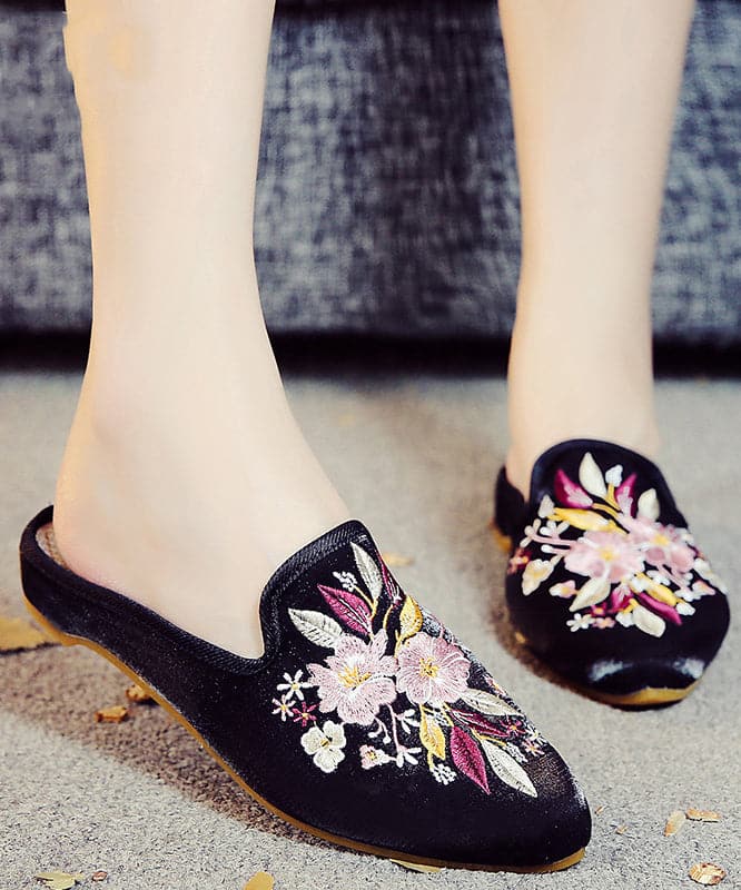 Black Embroideried Cotton Fabric Women Pointed Toe Slide Sandals BX-XZ-LT20220401