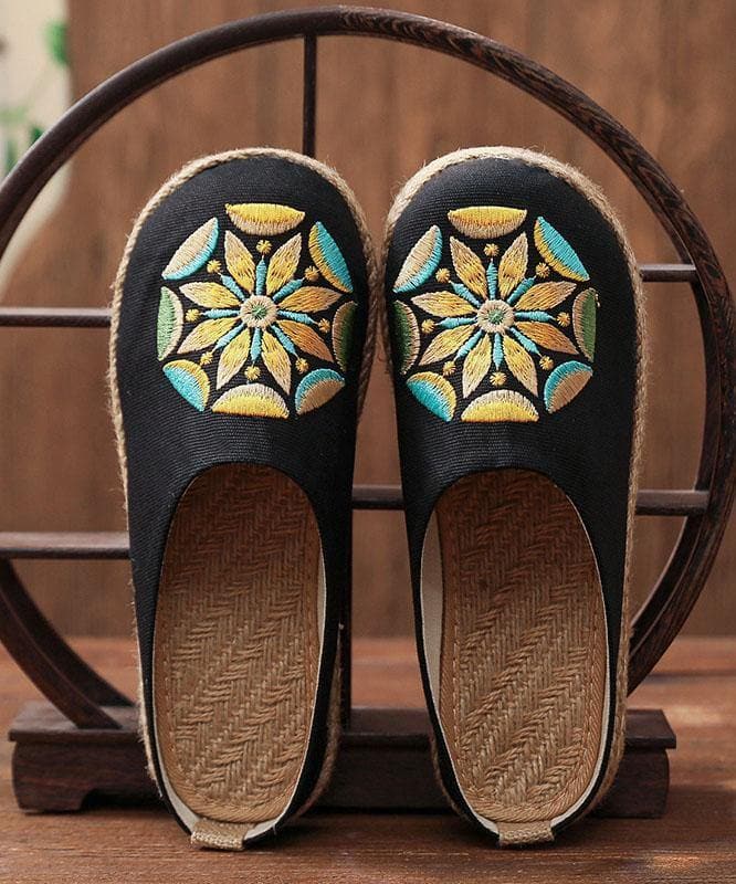 Black Embroideried Cotton Linen Slippers Shoes LT210630