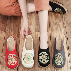 Black Embroideried Cotton Linen Slippers Shoes LT210630