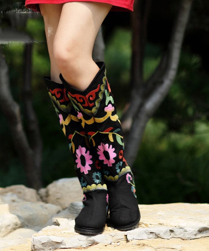 Black Embroideried Cowgirl Boots Cotton Fabric zippered Knee Boots BX-XZ220407